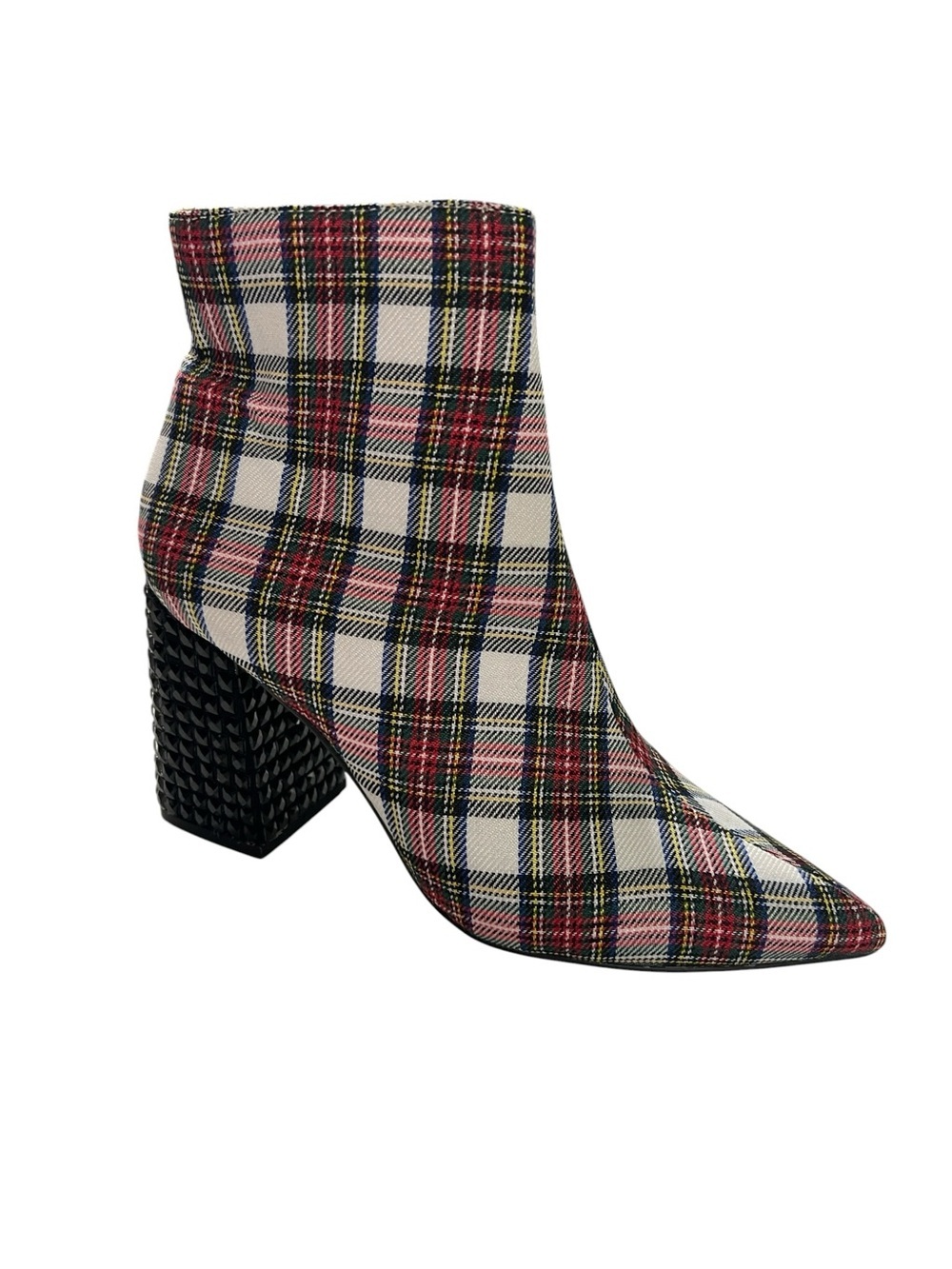 Betsey Johnson Plaid Pointed Toe Block Beaded Heel Ankle Boots